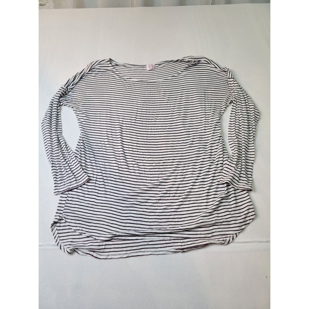 Wanna B Womens Large Striped Long Sleeve Boat Neck Top White Purple Casual Shirt